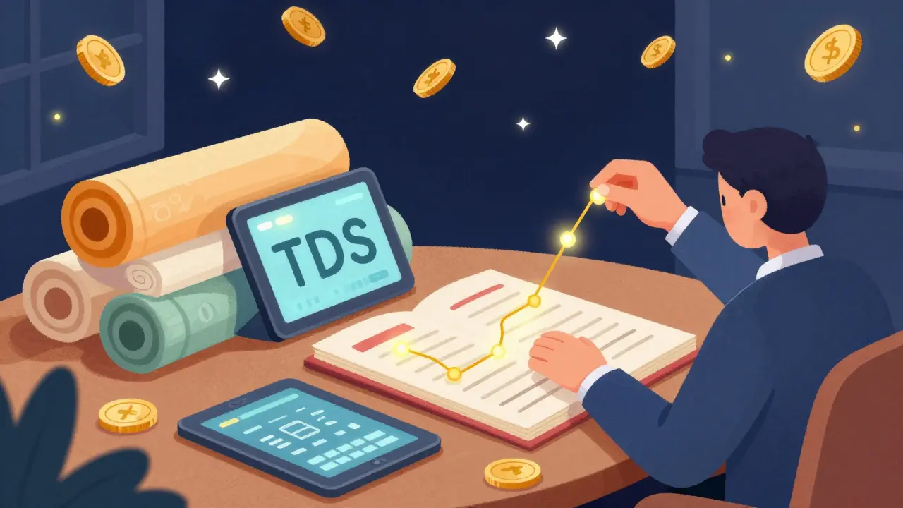 An accountant using golden threads to link blockchain data to a ledger in a whimsical setting.