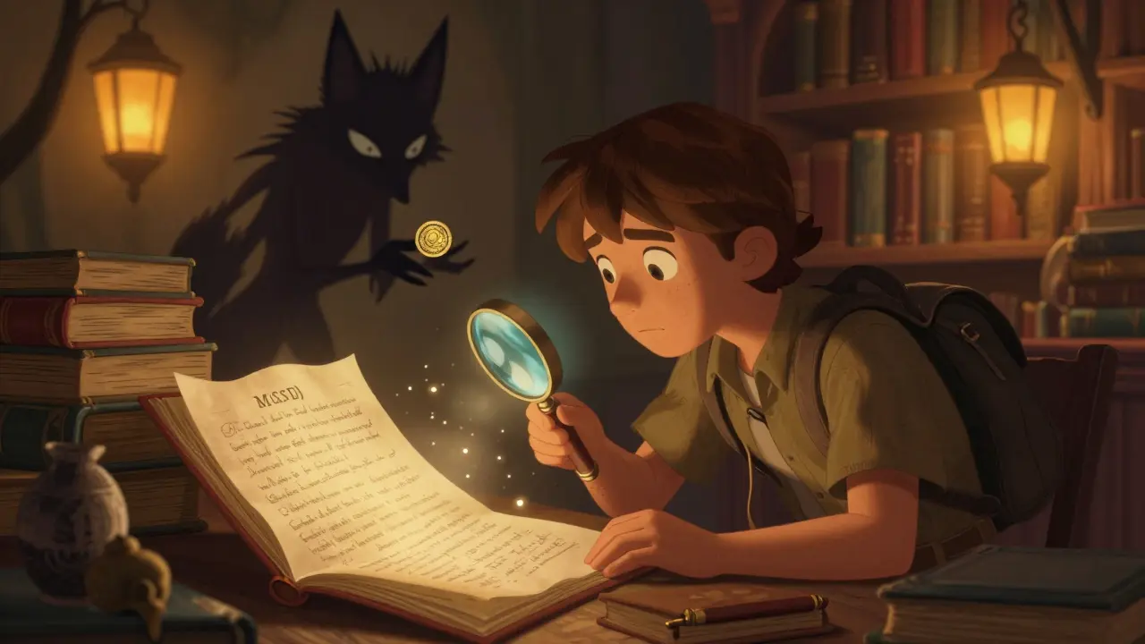 An adventurer using a magnifying glass to verify a magical contract
