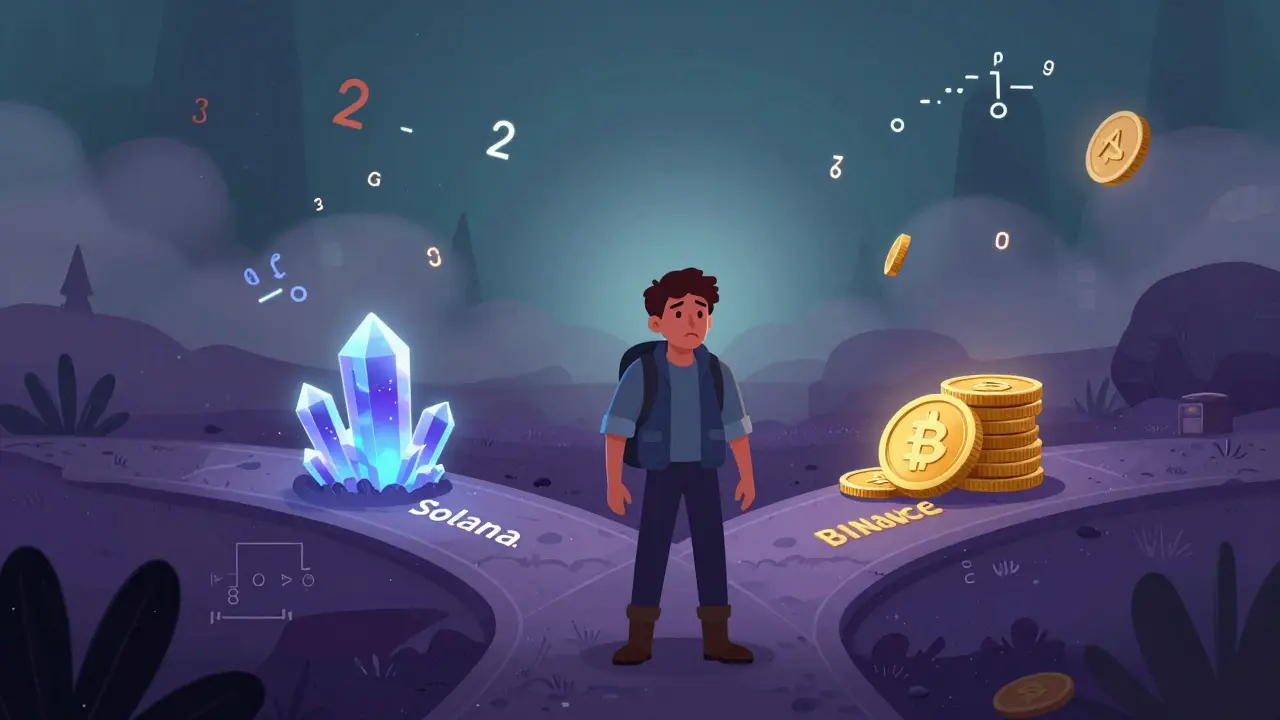 An explorer at a crossroads between two different blockchain paths in a fog