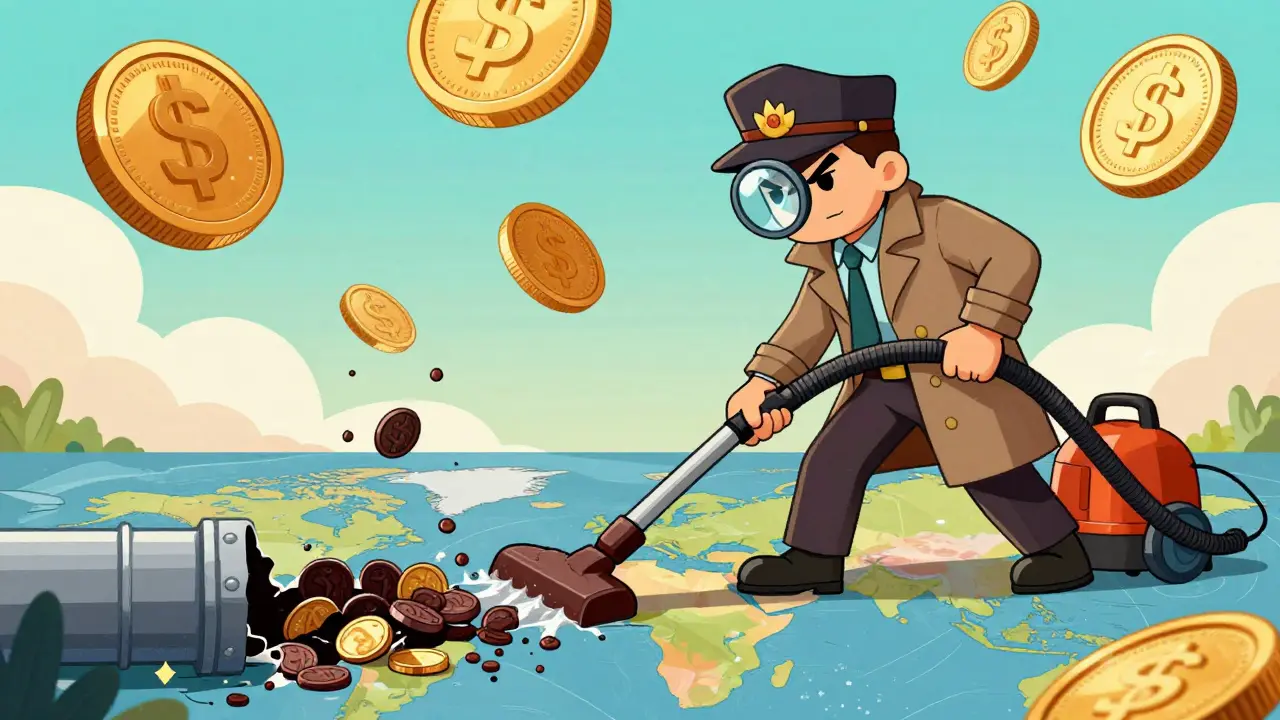 Cartoon detective vacuuming shadow coins from a global pipe to represent anti-money laundering.