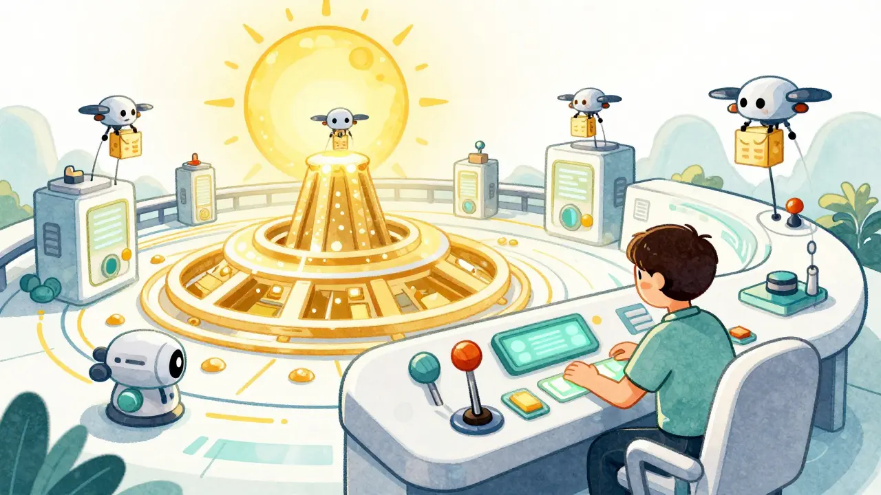 Character at a whimsical control panel managing a fleet of mining robots.