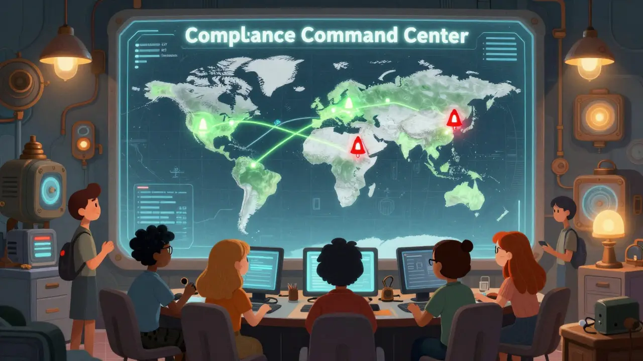 Characters monitoring a holographic world map for suspicious crypto transactions.