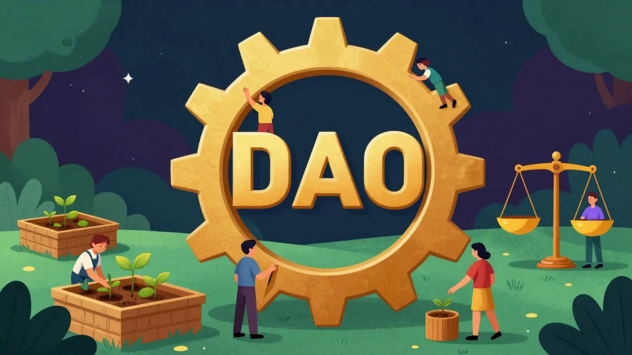 Community members collaborating around a giant golden gear of a DAO.