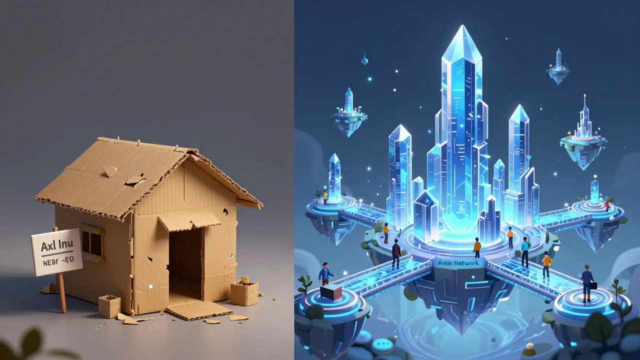 Comparison between a small cardboard shack and a futuristic crystal city.
