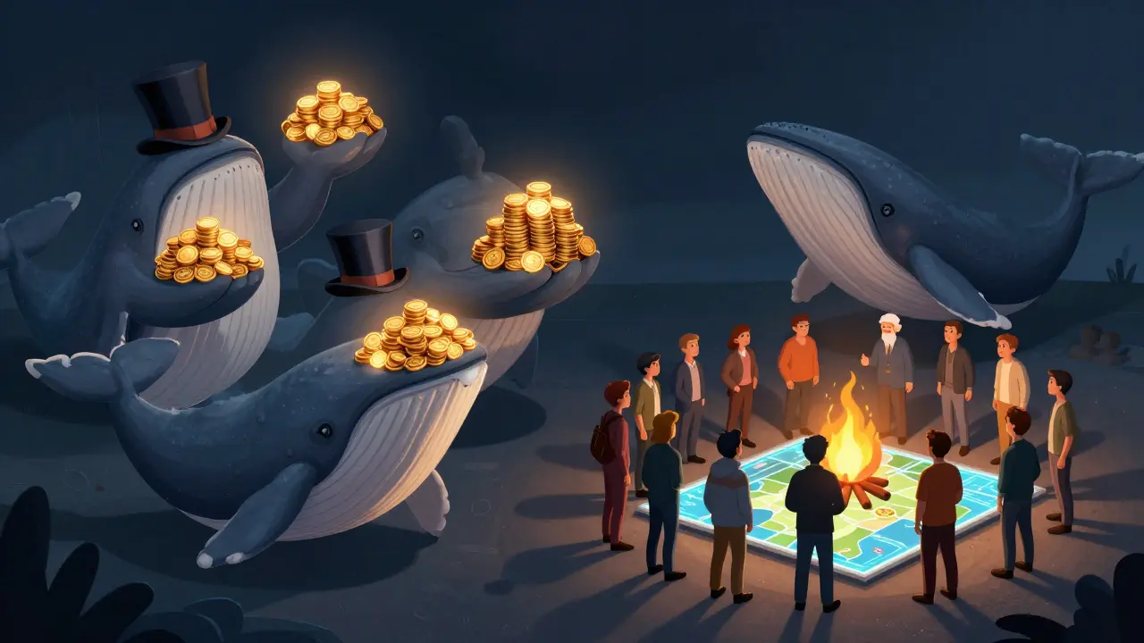 Contrast between wealthy token whales and a small, collaborating community group.