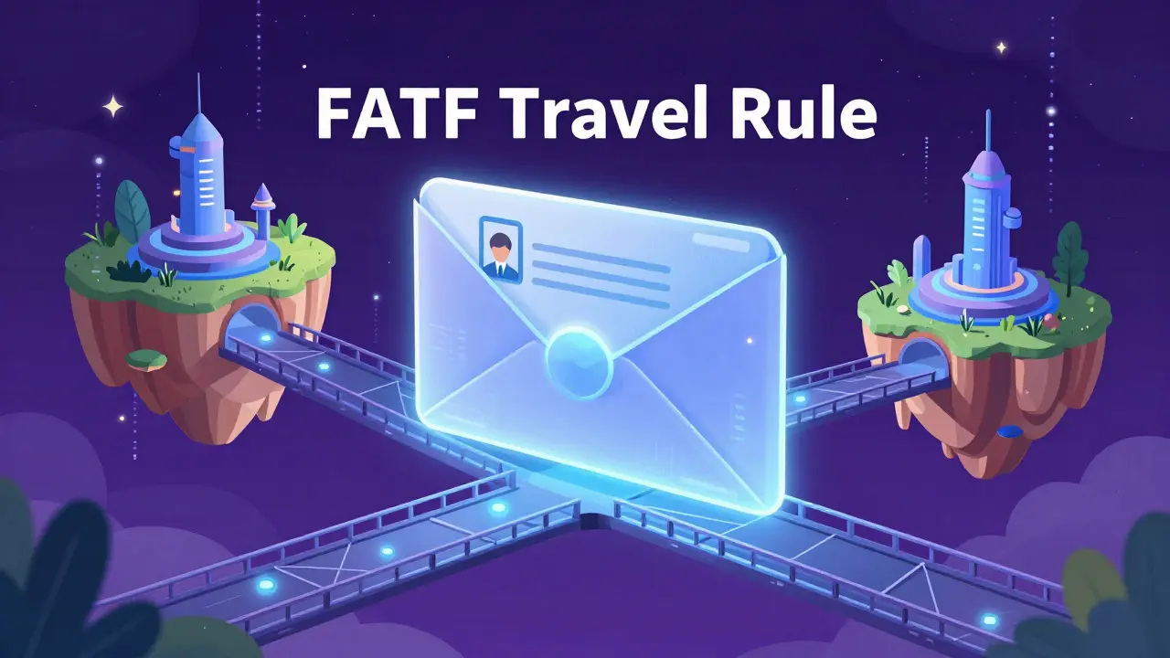 Digital envelope carrying identity data across a blockchain bridge between floating islands.