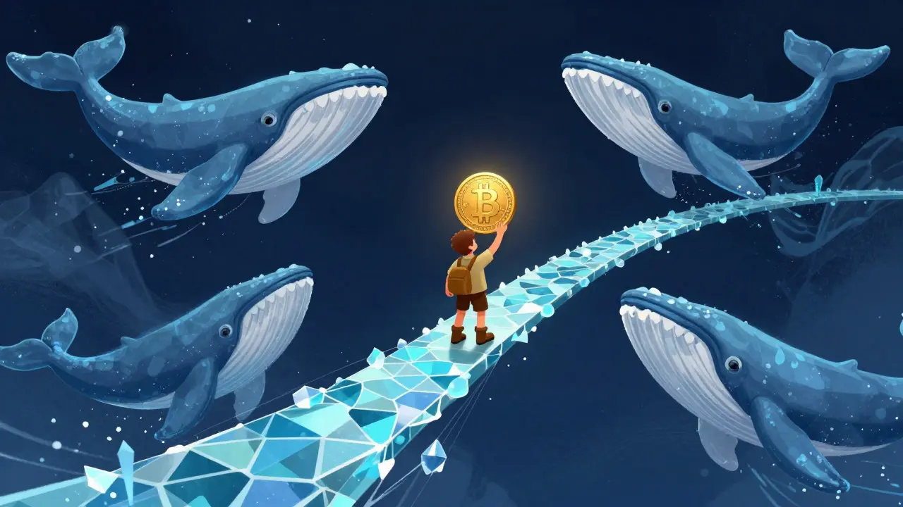 Explorer on a volatile crystalline bridge with giant water whales in a cosmic void.