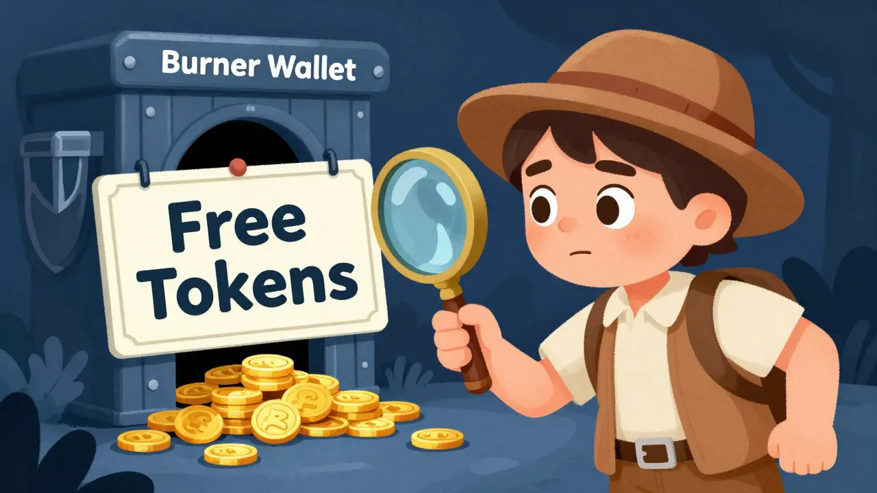 Explorer using a magnifying glass to spot a crypto scam trap.