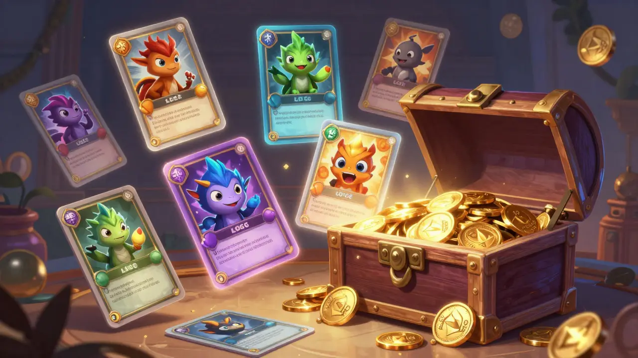 Floating holographic trading cards and a treasure chest full of glowing tokens.