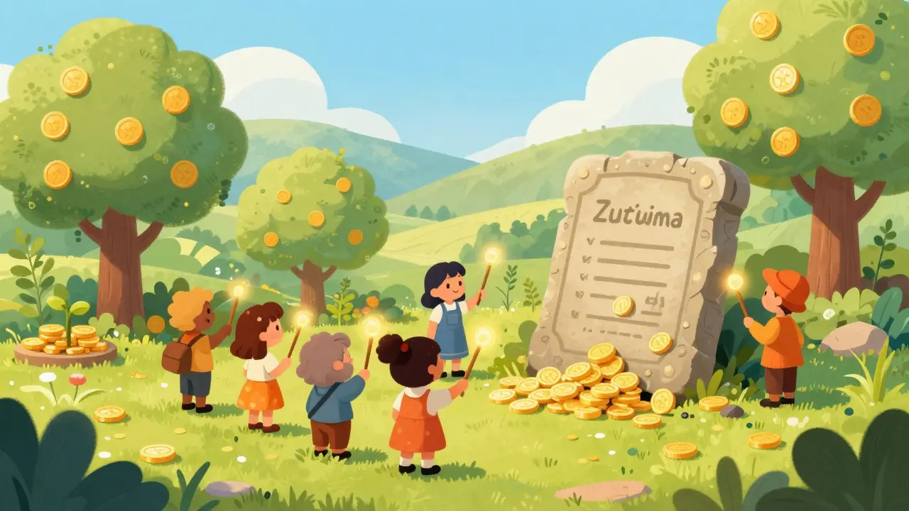 Friendly characters voting at a stone tablet in a golden coin garden, representing DeFi governance.