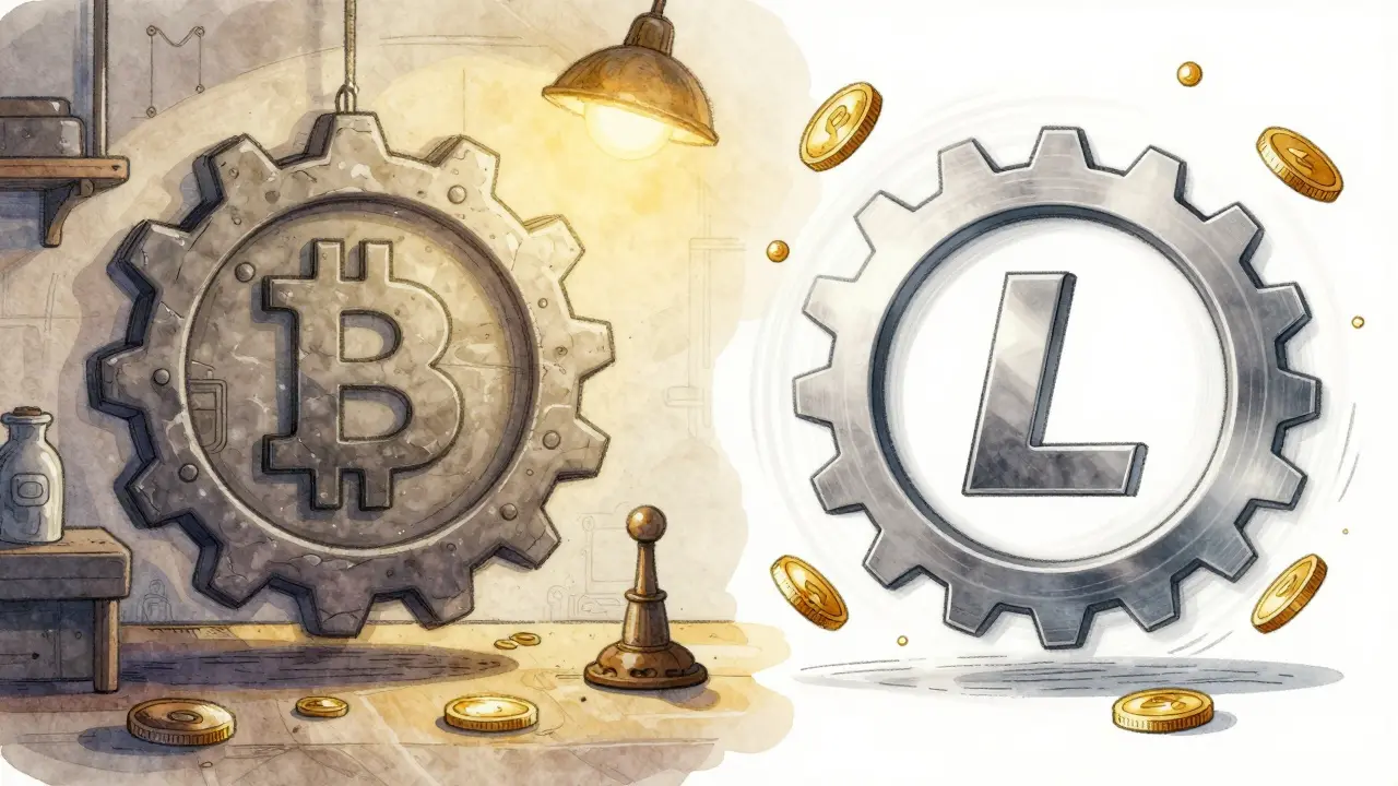 Illustration comparing a slow Bitcoin gear and a fast Litecoin gear in a whimsical workshop.