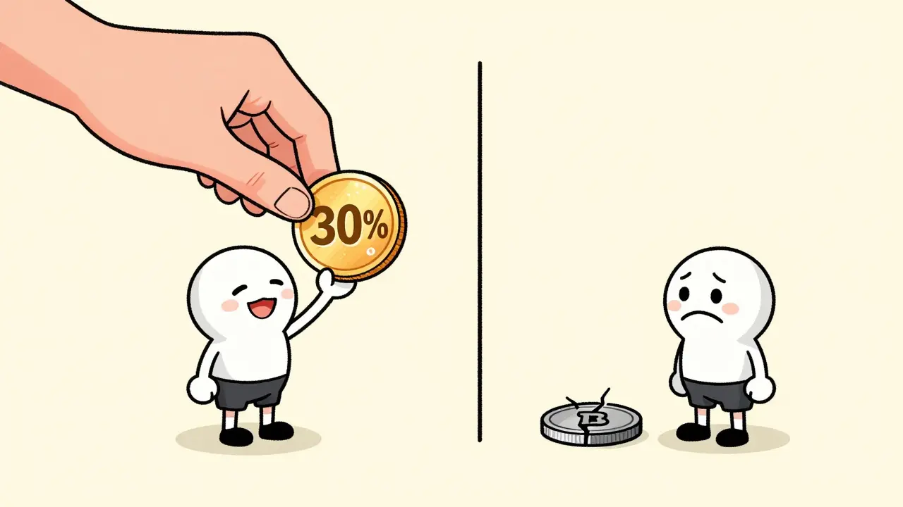 Illustration showing the 30% tax slice being taken from a crypto profit and the isolation of a loss.
