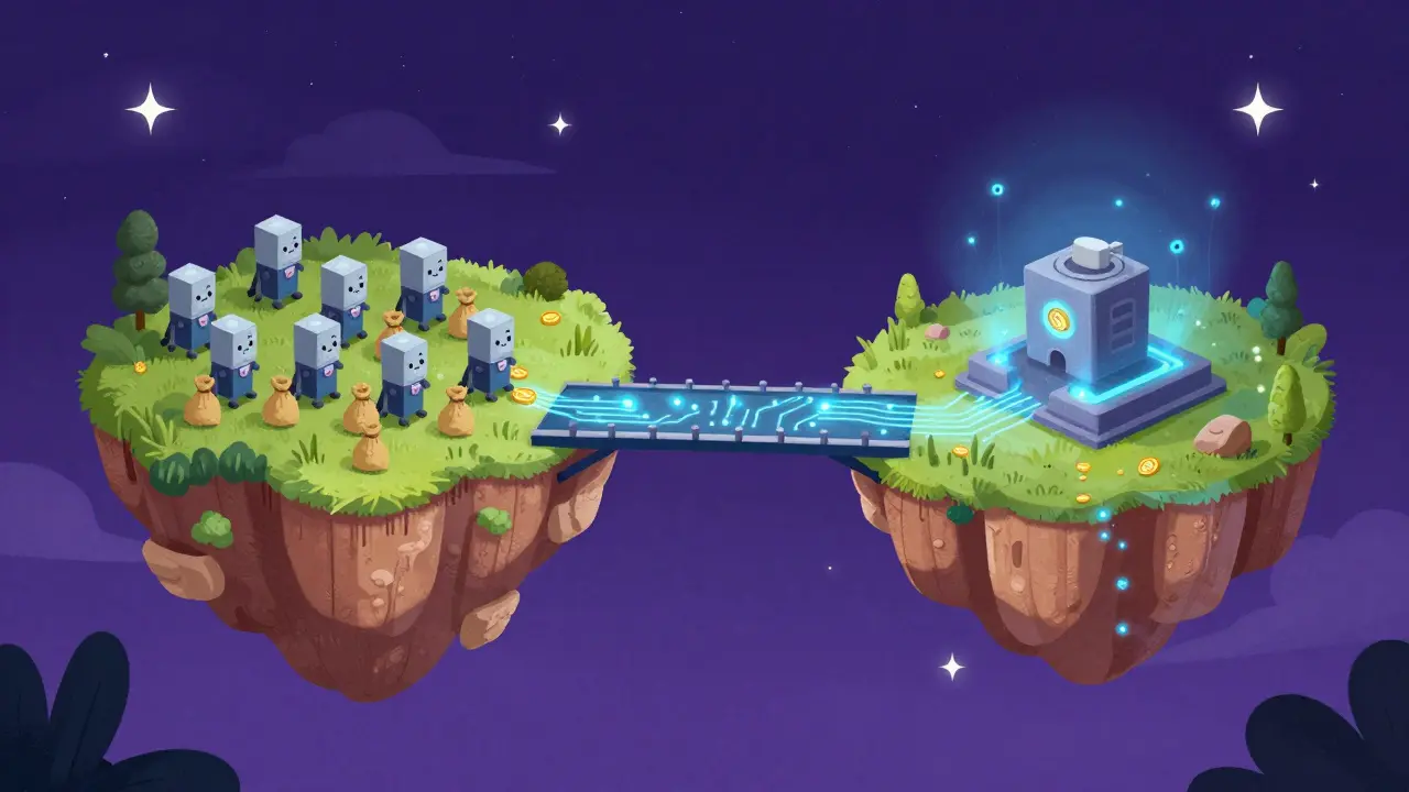 Mining machines crossing a digital bridge of data streams from one pool to another.