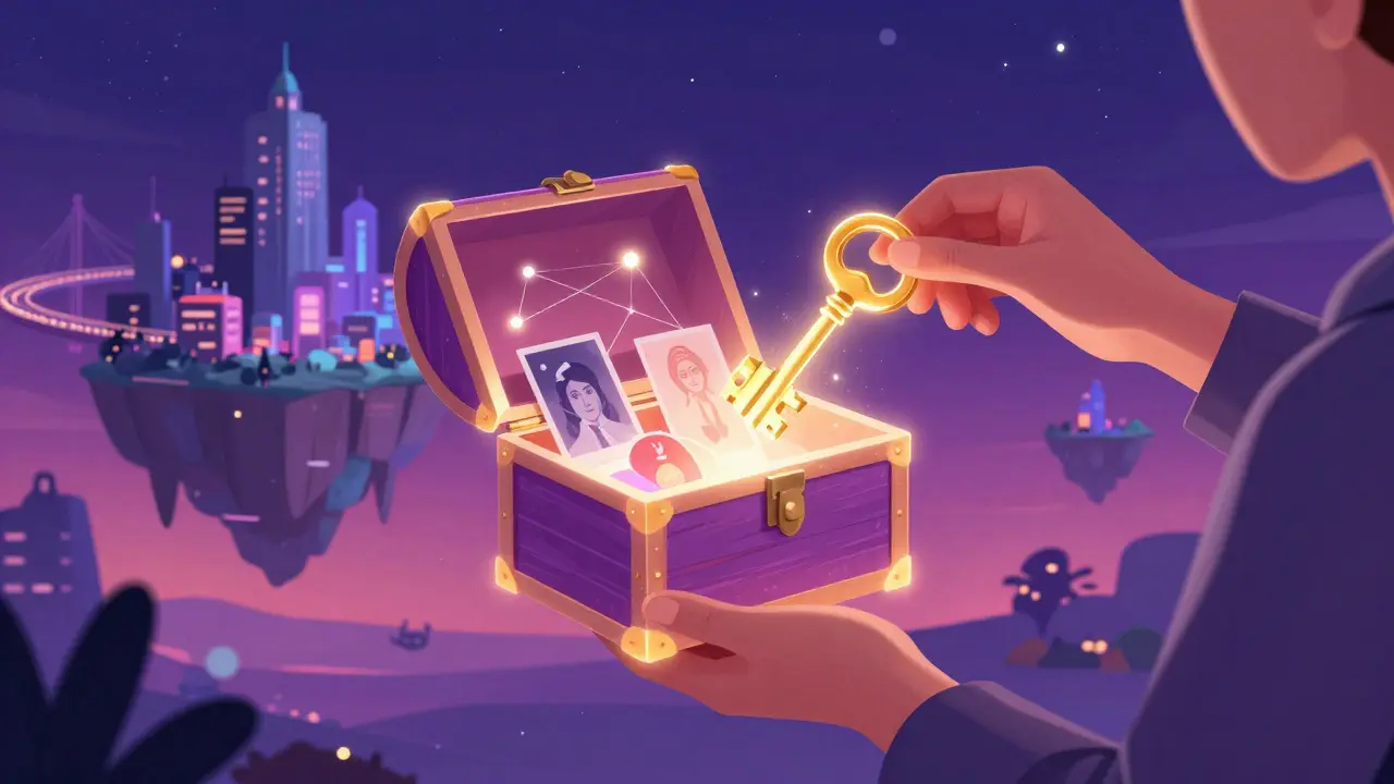 Person using a magical key to unlock a floating chest of digital assets in a futuristic city.