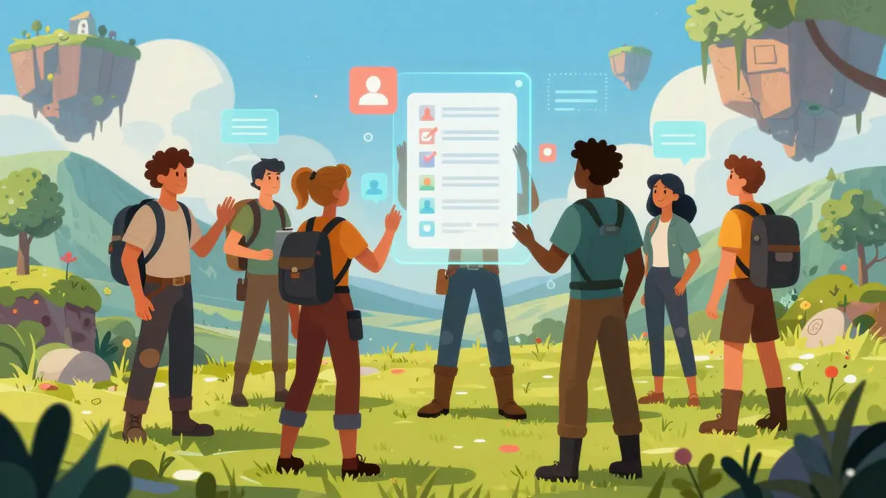 Players interacting with holographic task lists in a whimsical fantasy world.