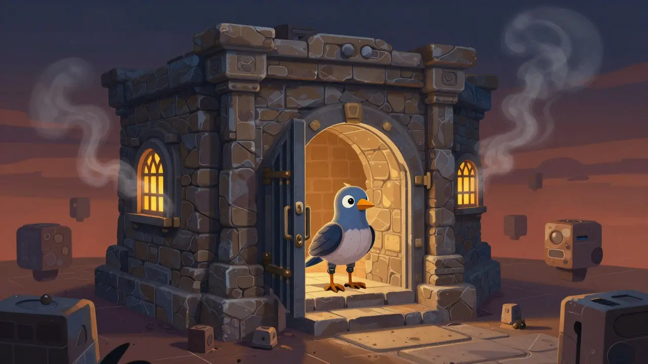 Secure stone fortress guarded by mechanical owl representing blockchain safety.