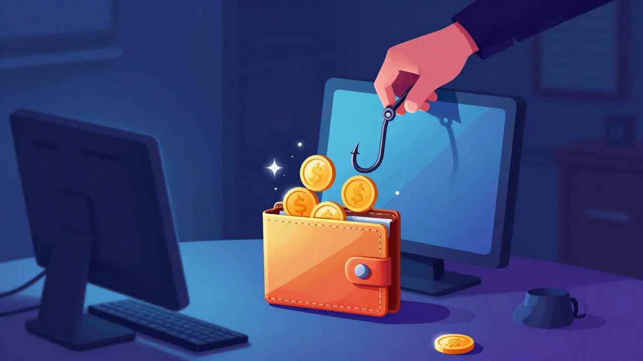 Shadowy hand using a fishing hook to steal coins from a colorful digital wallet.