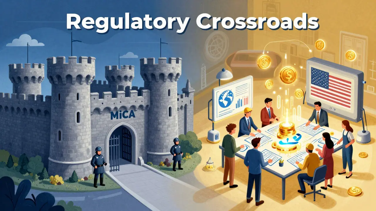 Storybook art showing a strict EU fortress contrasted with a collaborative US-UK innovation workshop.