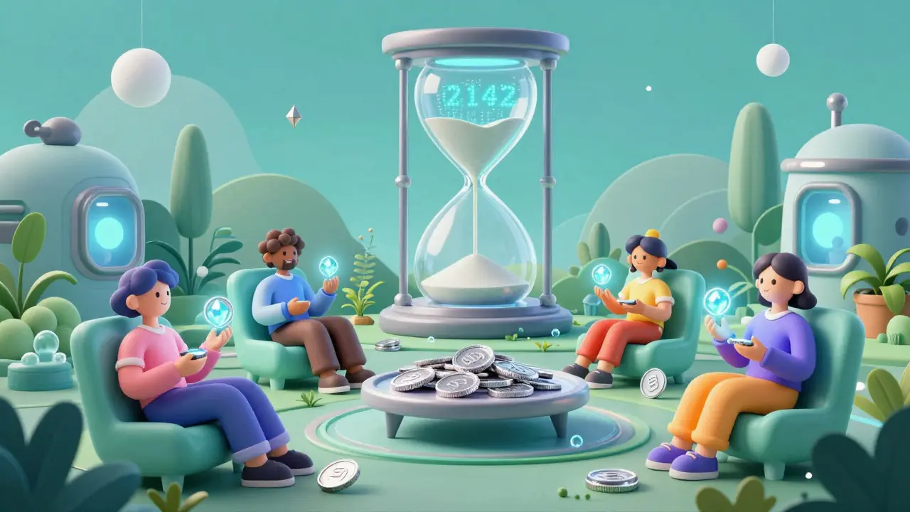Stylized characters holding glowing silver coins next to a digital hourglass in a futuristic garden.
