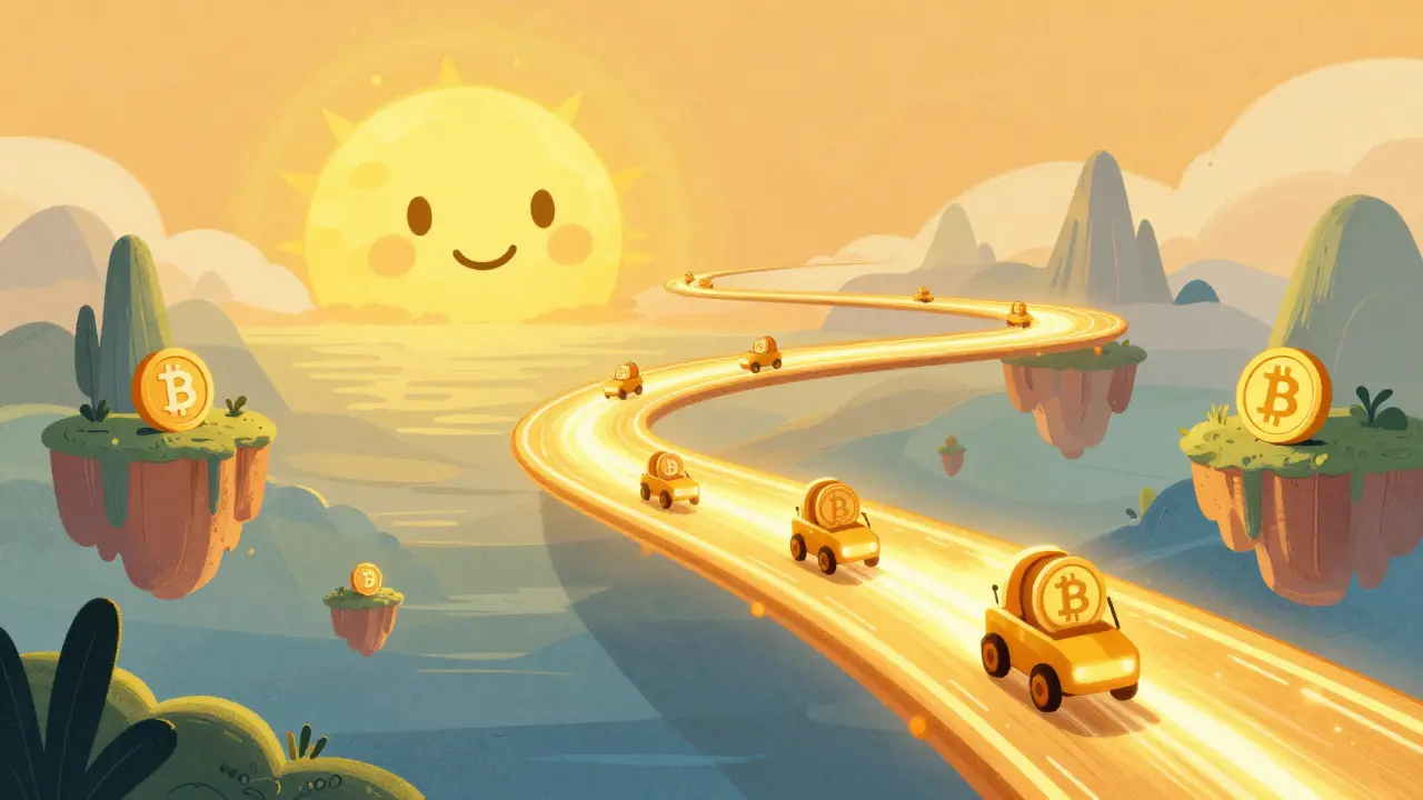 Stylized golden highway of light with BIT tokens moving through a surreal landscape.