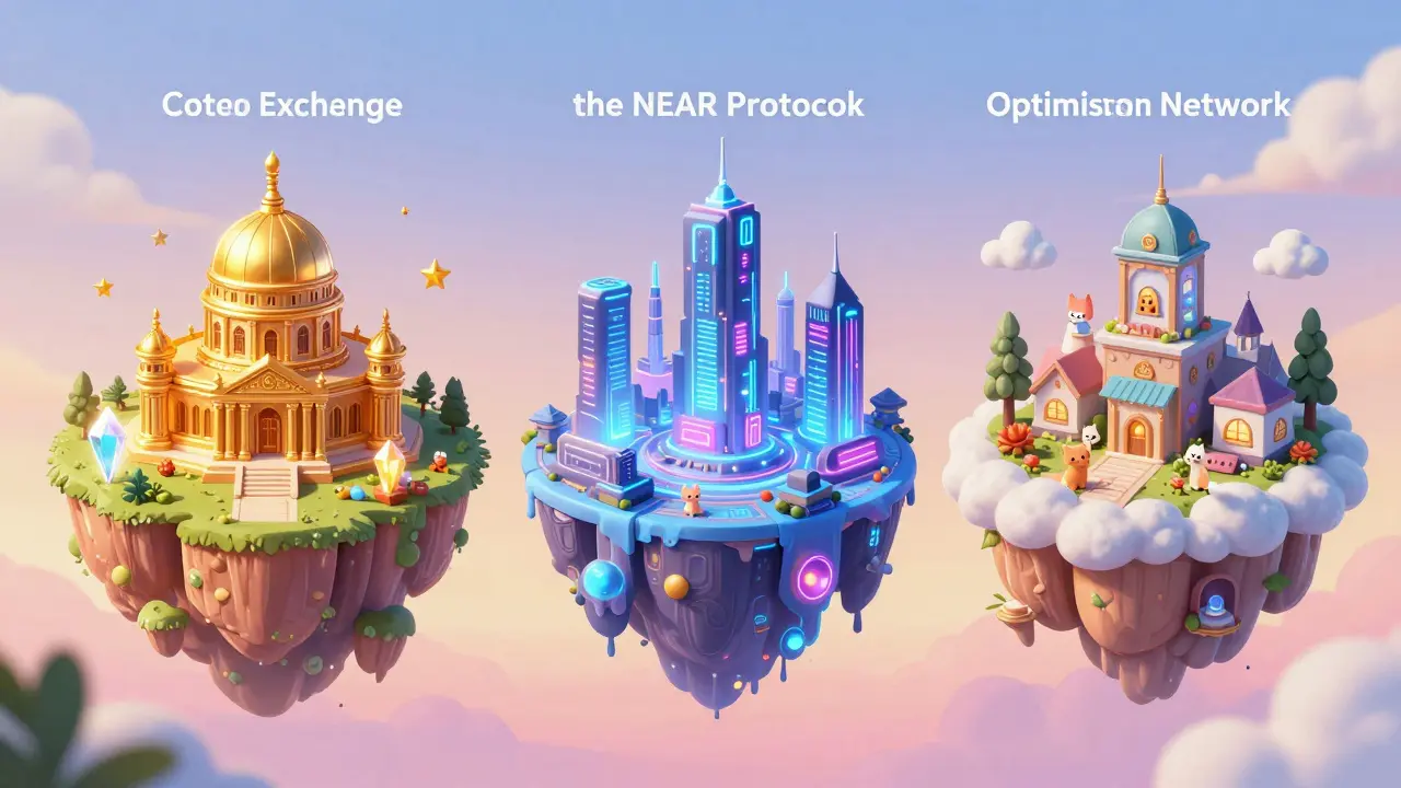 Three floating islands representing different blockchain networks with cute cats