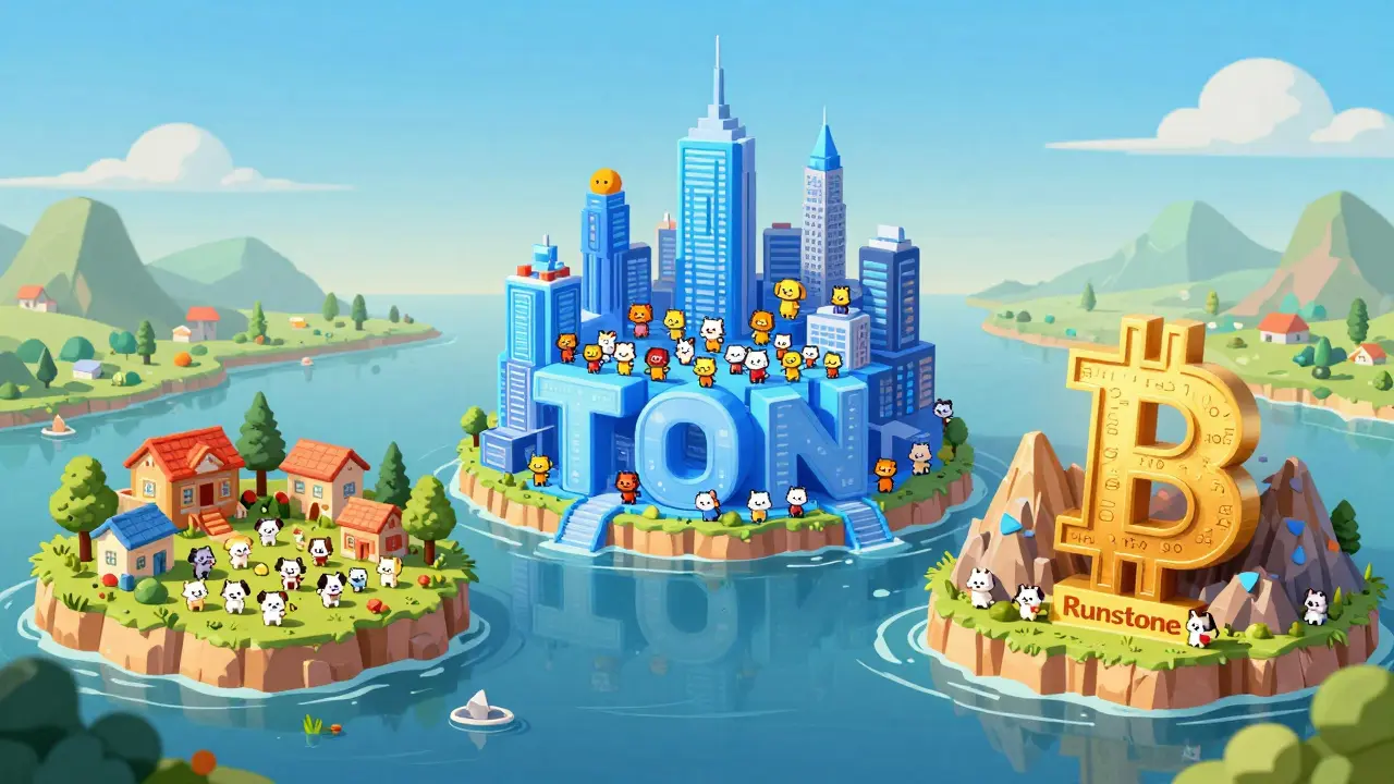 Three imaginative islands representing DOGGY, DOGS, and Bitcoin Runestone projects.