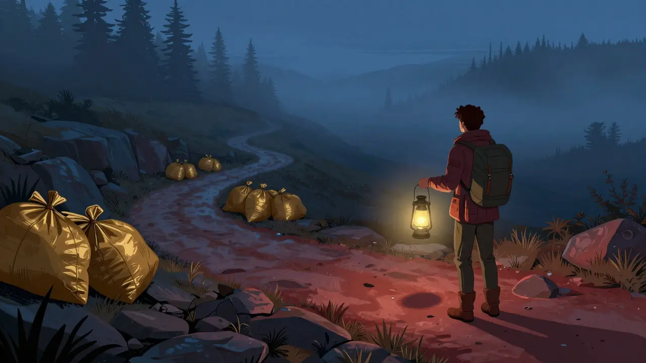 Traveler checking map at fork in road with bumpy path full of gold sacks.