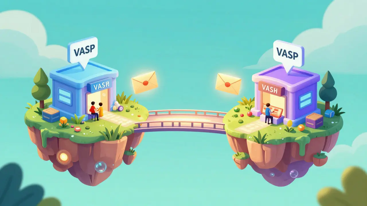 Two digital islands exchanging glowing envelopes of data via a bridge of light.