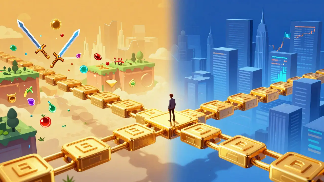 A bridge connecting a vibrant game world to a serious financial district, showing a lone figure.