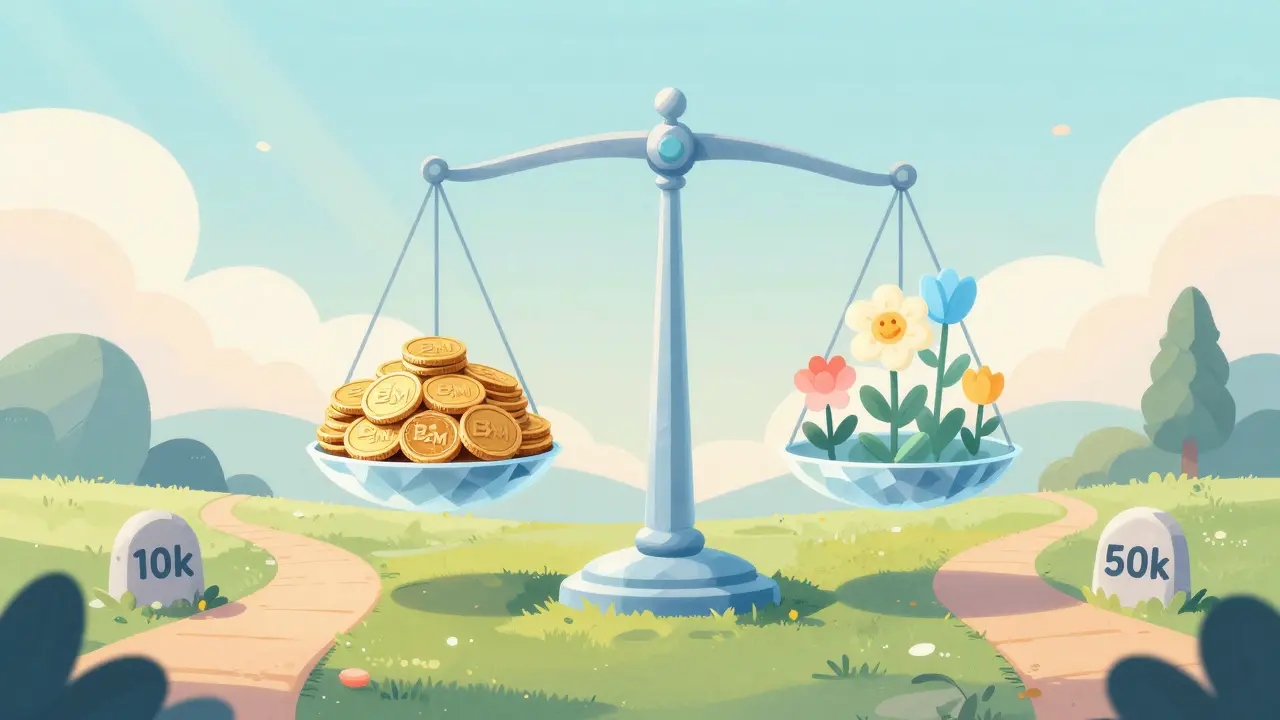 A crystal scale balancing B2M coins against blooming RNT tokens to show proportional rewards.