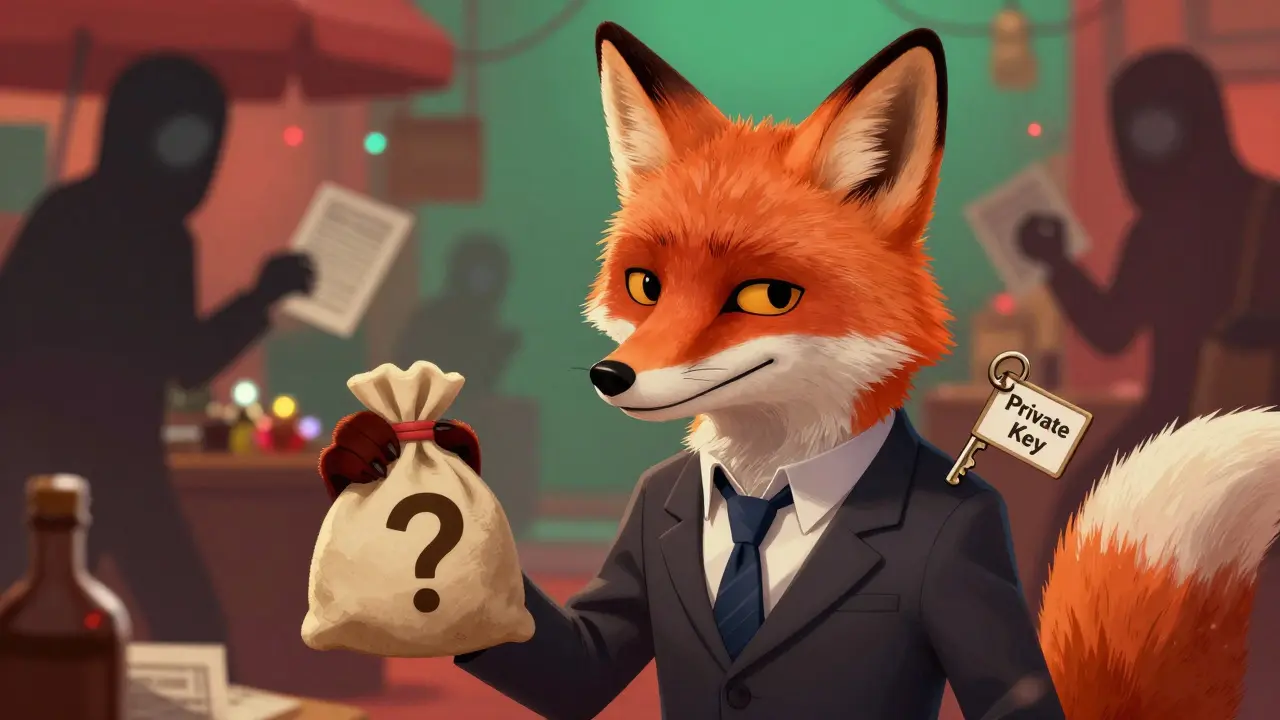 A sly fox in a suit offers a mysterious bag while hiding a private key behind its back in an illustration.