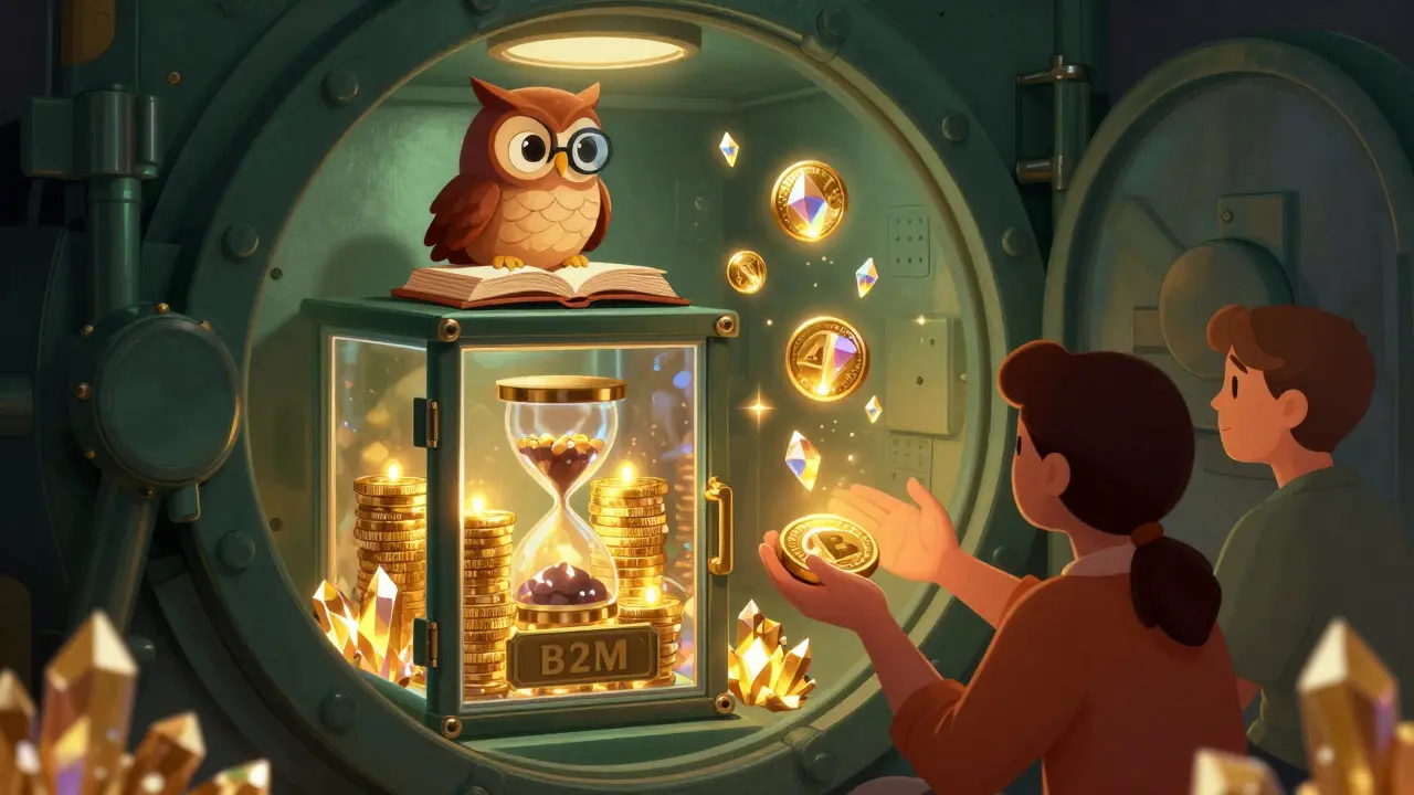 A wise owl guards glowing staked tokens in a secure vault while rare gems float above.