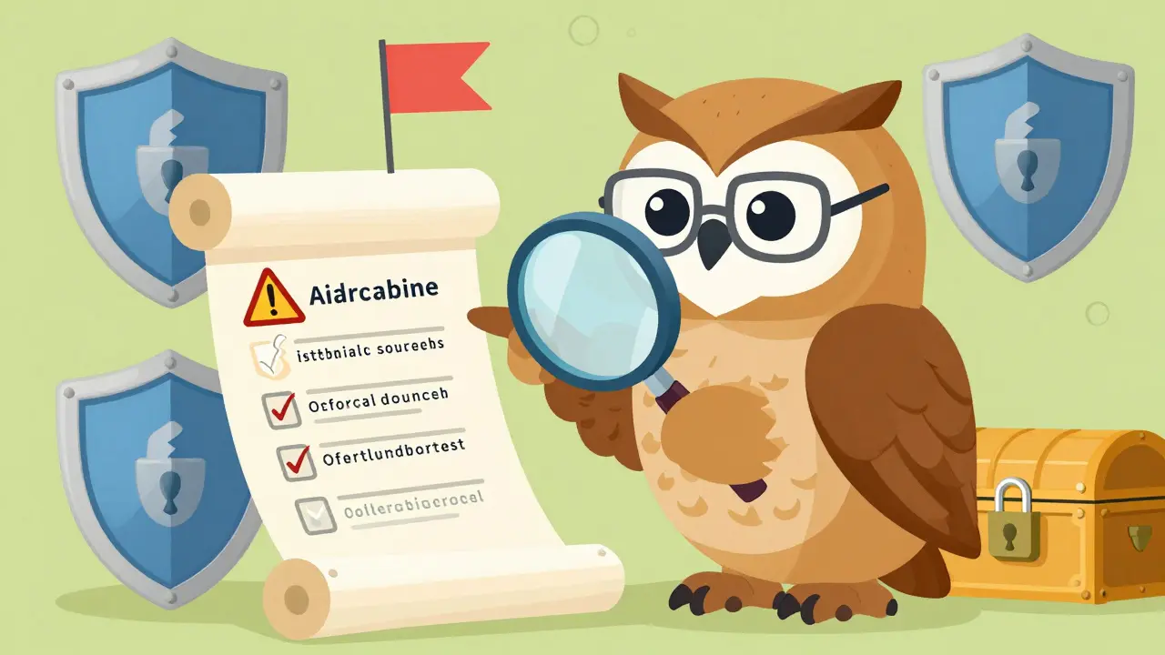 A wise owl inspecting a URL with a magnifying glass, highlighting security tips to avoid crypto scams.