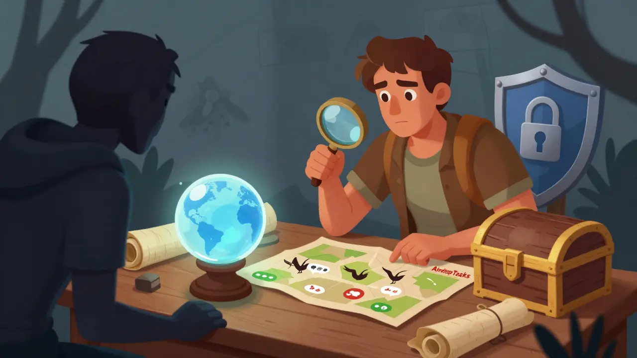 Adventurer checking airdrop tasks and avoiding scams in a storybook illustration.