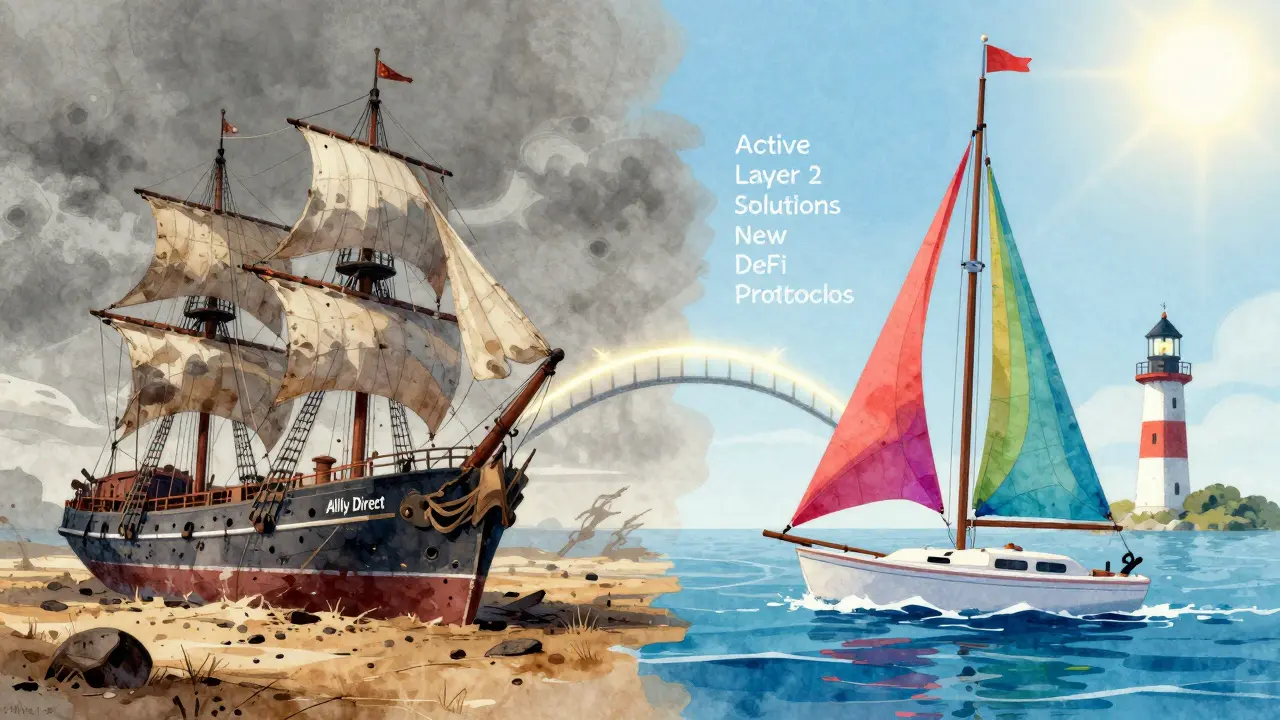 An abandoned ship contrasts with a vibrant sailing boat navigating toward a lighthouse in a storybook scene.