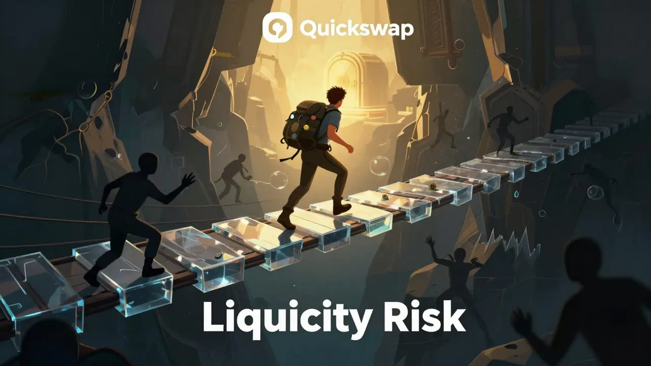 An adventurer crossing a fragile bridge over a risk-filled chasm