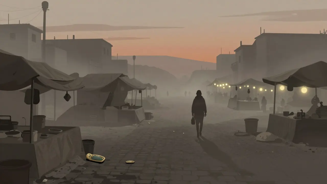 An empty, dusty marketplace at dusk with scattered tokens, symbolizing a stalled project.