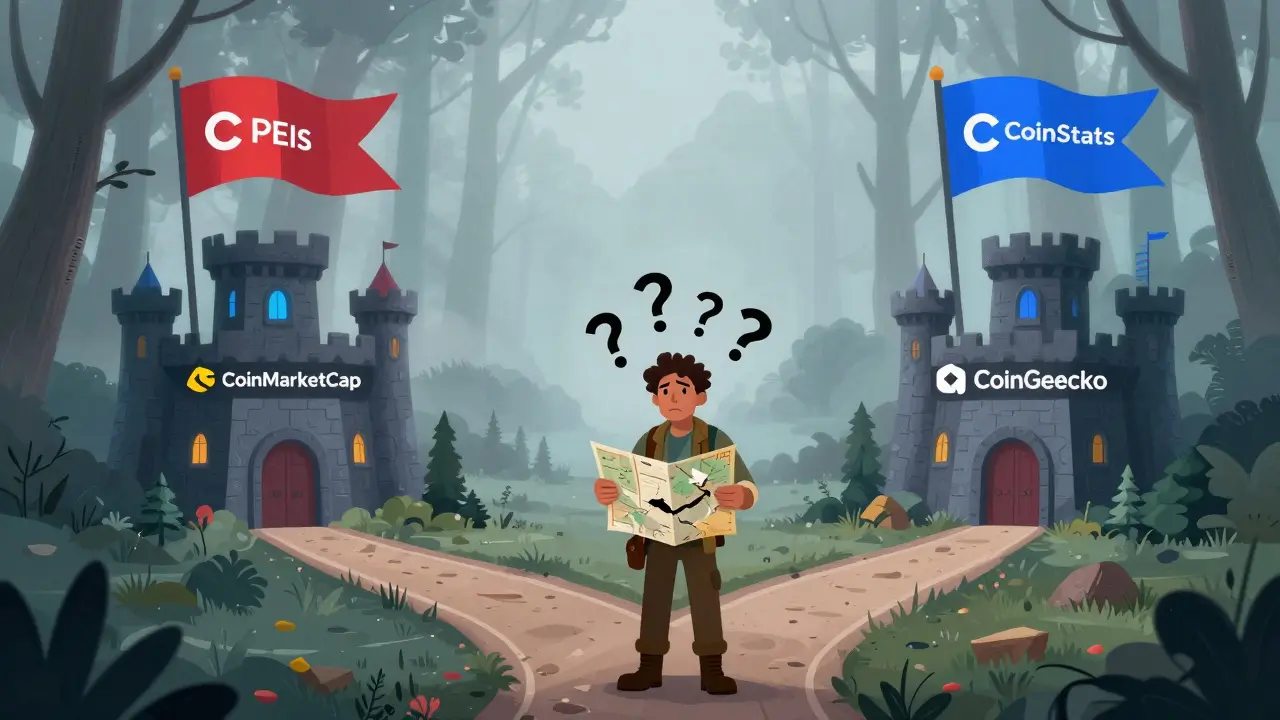 An explorer confused by different price signs in a misty data forest