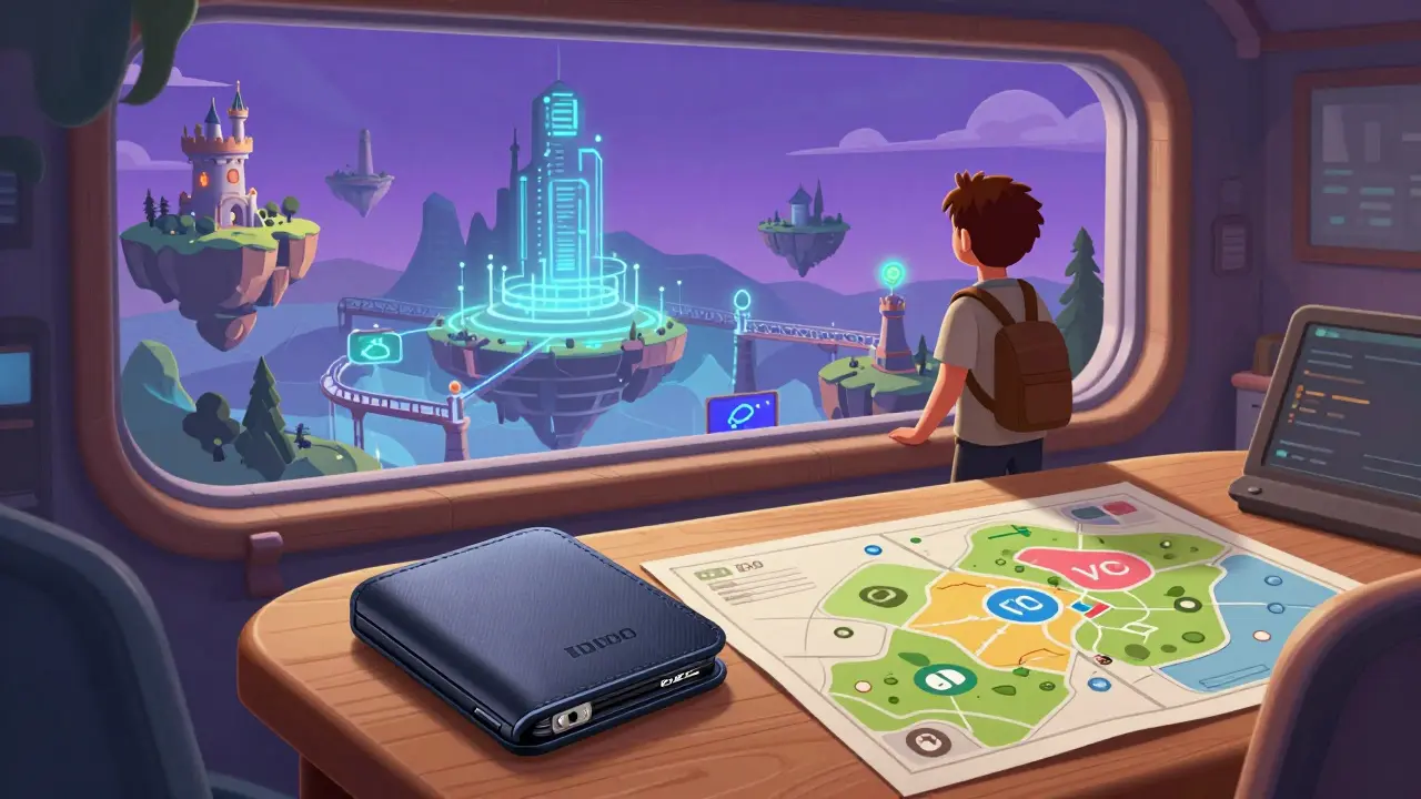 An explorer in a castle tower viewing a digital landscape map, emphasizing strategic planning and secure wallet usage in crypto gaming.