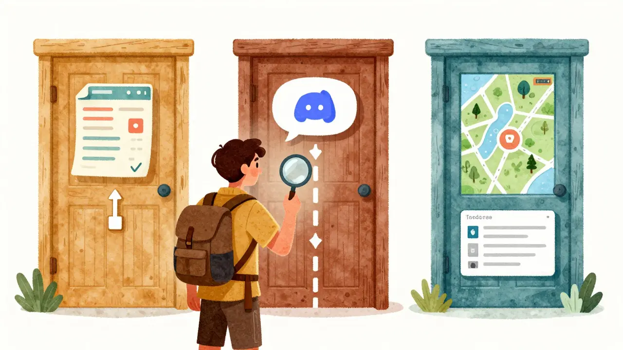 Cartoon adventurer checking multiple paths to verify crypto eligibility safely.