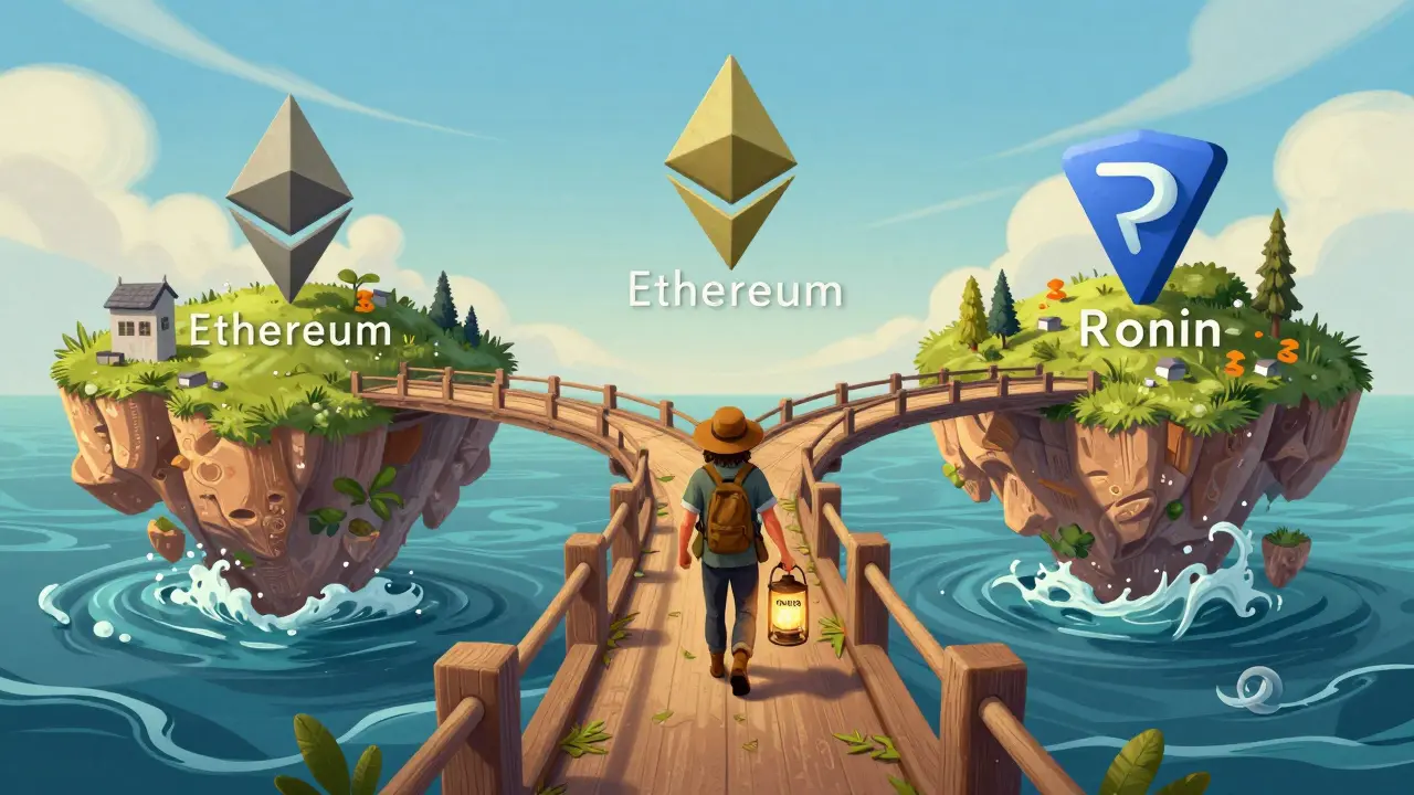 Cartoon bridge connecting three blockchain islands with a traveler carrying a token.