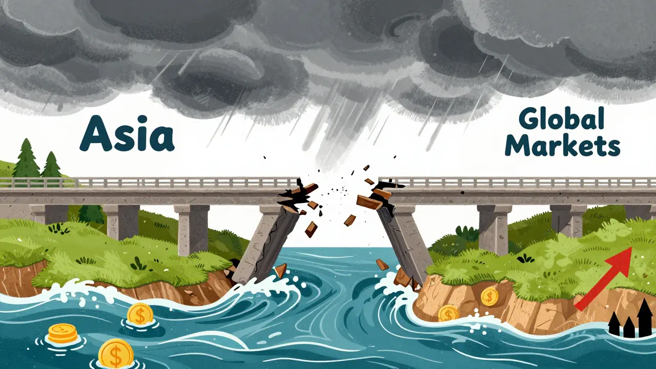 Cartoon of a crumbling bridge under stormy skies symbolizing exchange collapse.