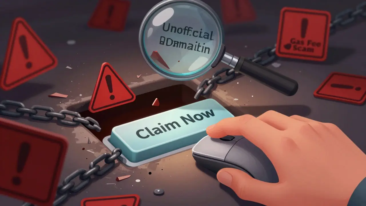 Cartoon warning about clicking scam links for fake airdrops.