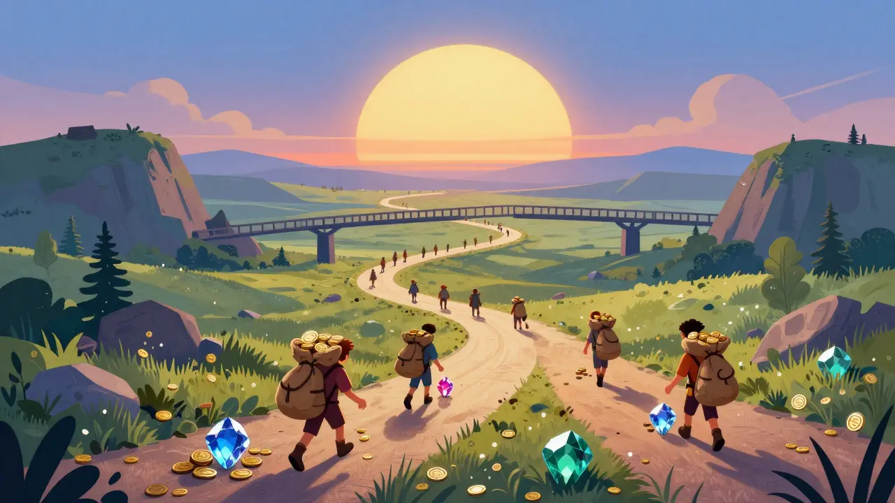 Characters walking a path collecting fees as block subsidies fade into the distance.