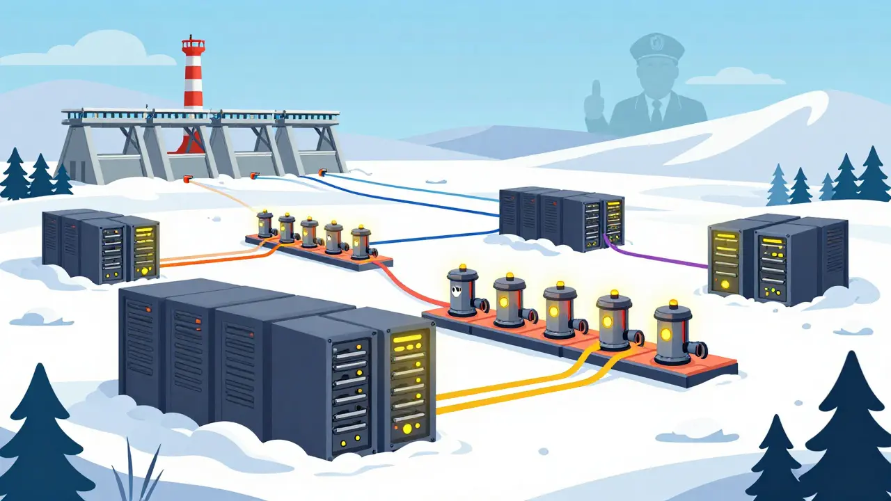 Colorful storybook scene of crypto mining servers operating in a snowy Siberian landscape.