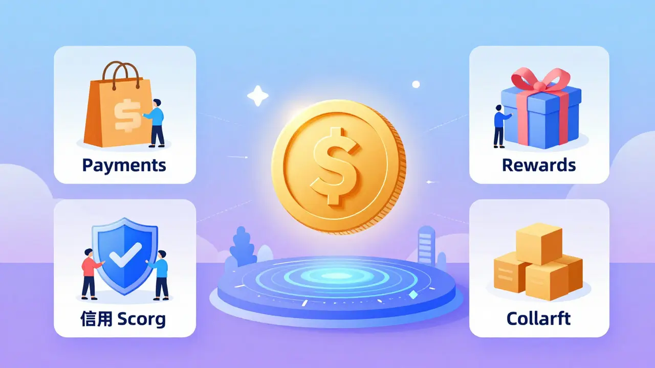Conceptual drawing of crypto token utilities like rewards and credit scoring