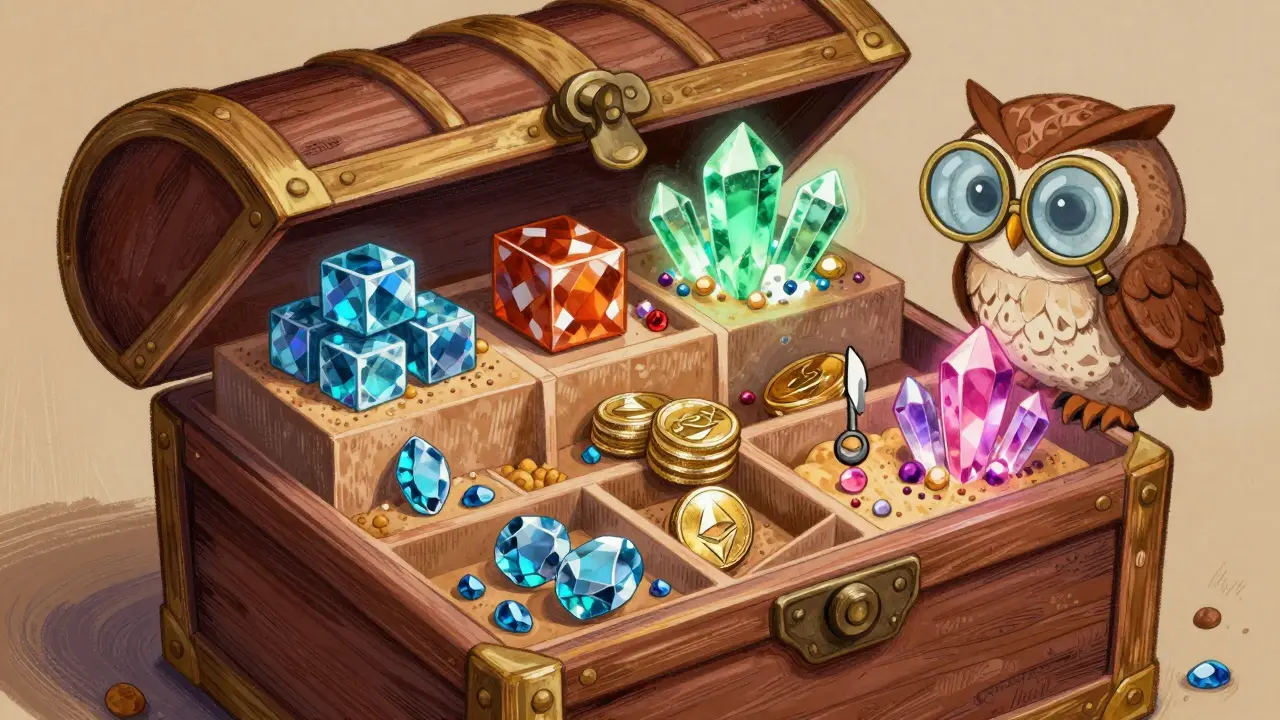 Cross-section of a treasure chest showing layers of crypto rewards.