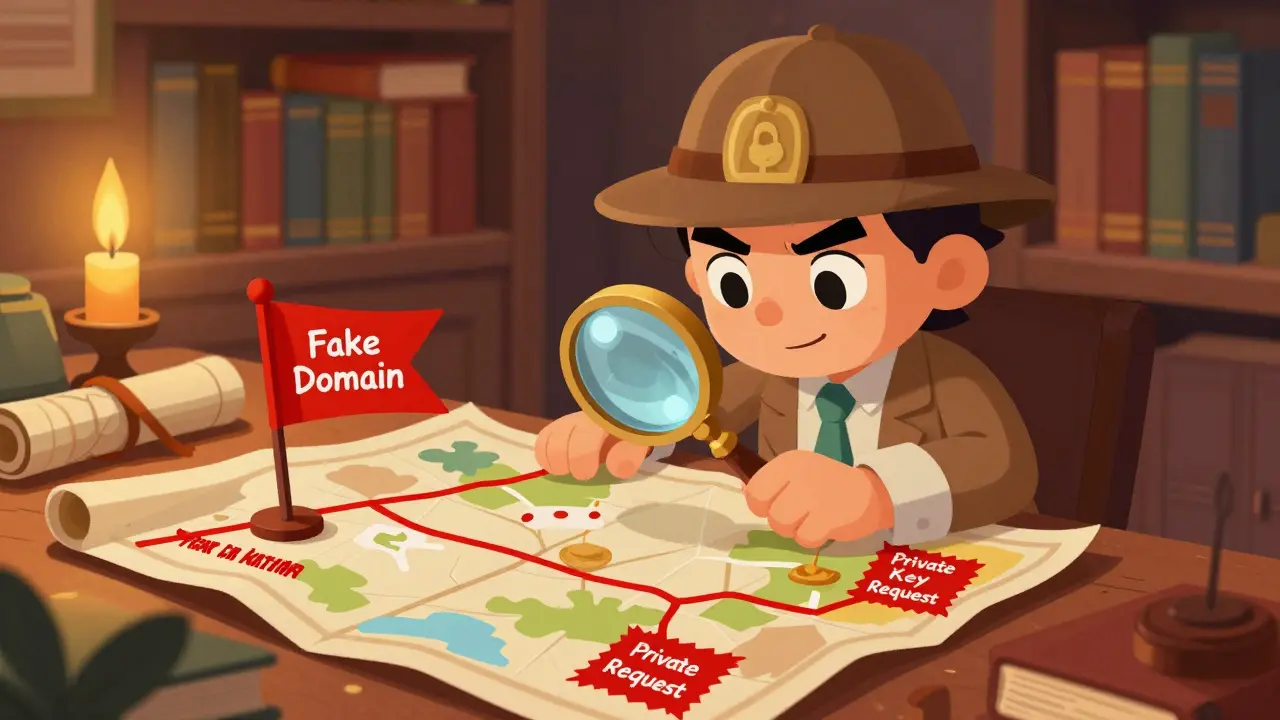 Detective inspecting a map with red warning flags for crypto scams in a library.