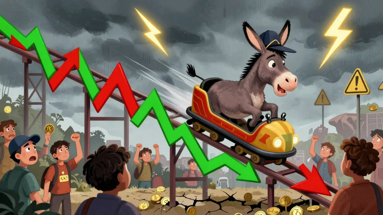 Donkey on a volatile roller coaster chart amidst stormy skies and warnings.