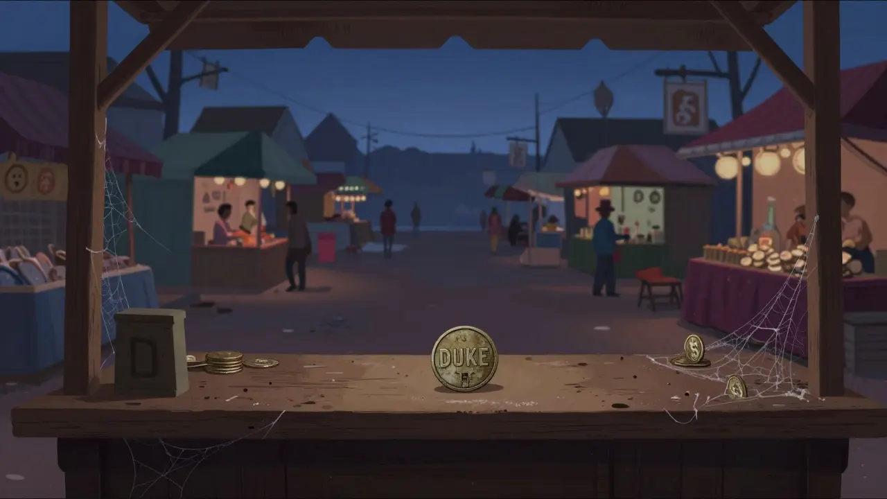 Empty market stall with a single dusty coin in twilight